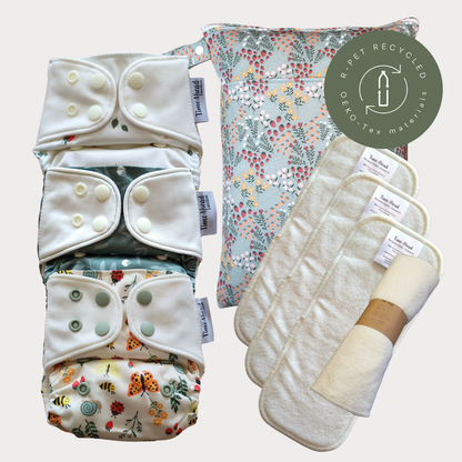 Time Ahead Sweden - Startpakke stofble nyfødt | Alt-i-et 2-6 kg: Med tilbehør / Skovjordbær | Humleblomster grøn | Engvinge